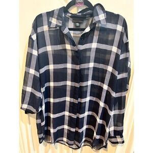 Apostrophe Plaid Button Down Top Womens Medium Sheer Black White Blouse